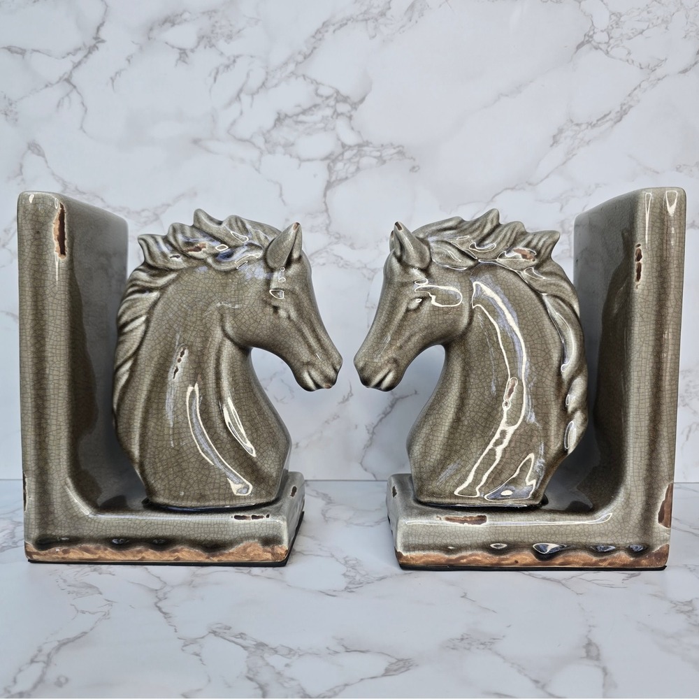 Vintage MCM Ceramic Horse Head Bookends Crackle Glaze Equestrian Decor Set - Picture 2 of 15